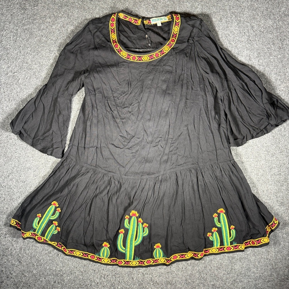 Rockin C Black Cactus Embroidered Babydoll Dress Southwestern Western Medium